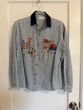 Casey & Max Cat Dog Blue Pinstripe Embroidered Button-Up Shirt